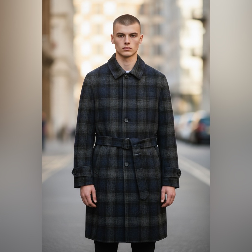 Oliver Spencer Grandpa Combe Navy and Green Wool Coat - Picture 10 of 10